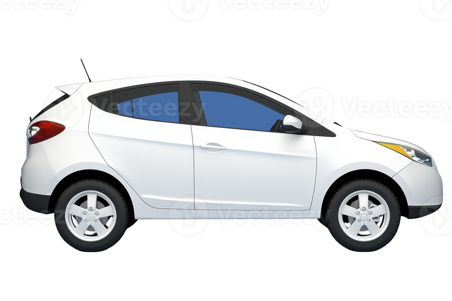 Sleek white compact car is shown in side view, highlighting its modern design and smooth lines. vehicle features tinted windows and stylish alloy wheels, emphasizing its contemporary appeal png