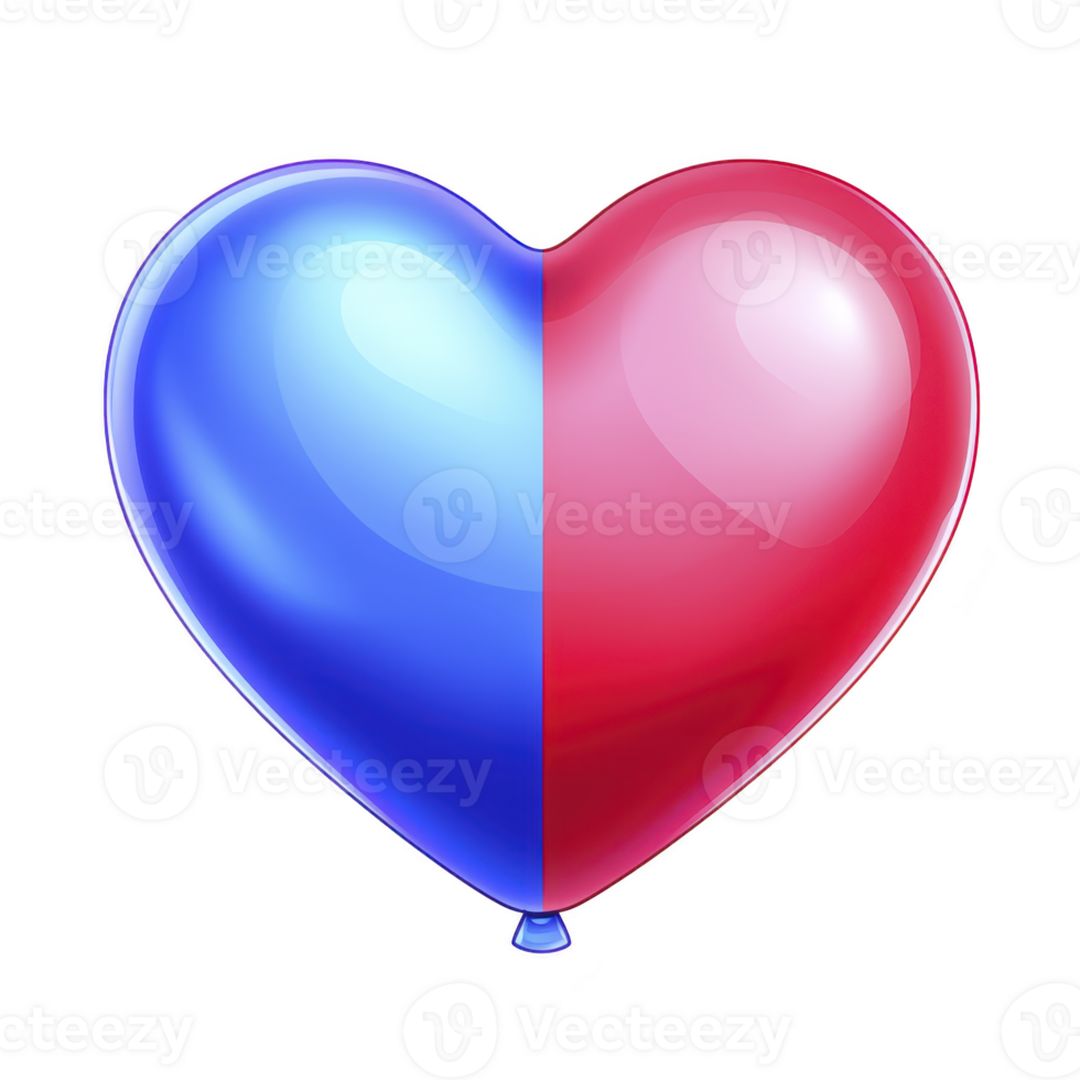 Shiny heart shaped balloon is divided into two vibrant halves, one blue and one red, symbolizing unity and contrast. glossy surface reflects light, adding playful and cheerful touch png