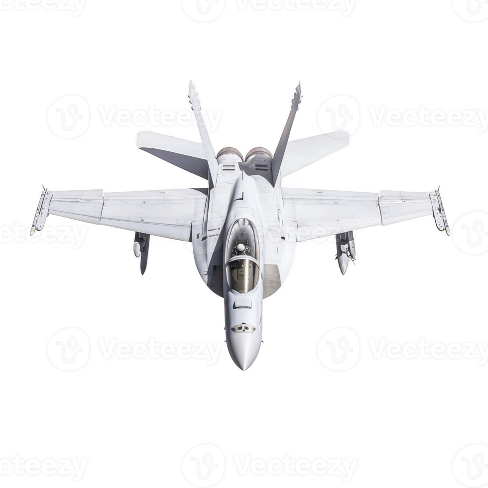Sleek military jet fighter with white exterior is shown in front view, highlighting its aerodynamic design and powerful engines. aircraft is isolated on transparency background png