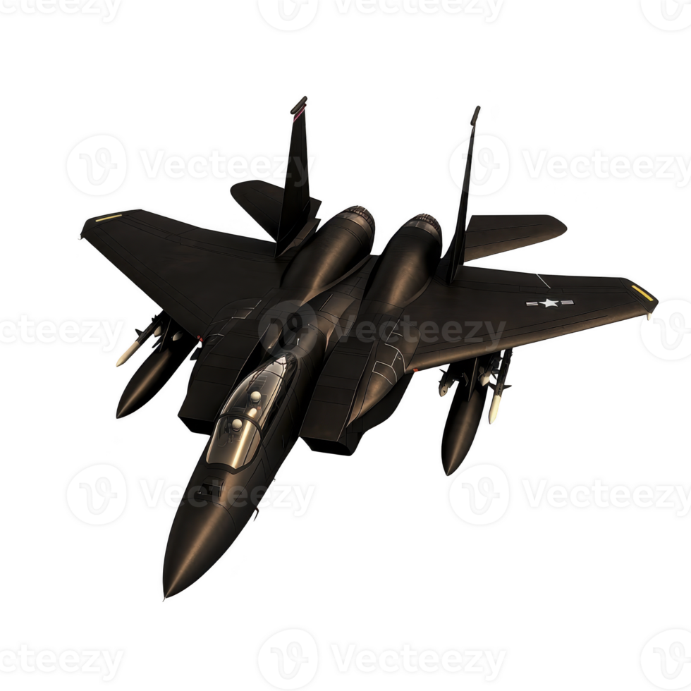 Sleek, black fighter jet with twin engines and sharp wings, showcasing advanced military technology and aerodynamic design, flies against transparency background png