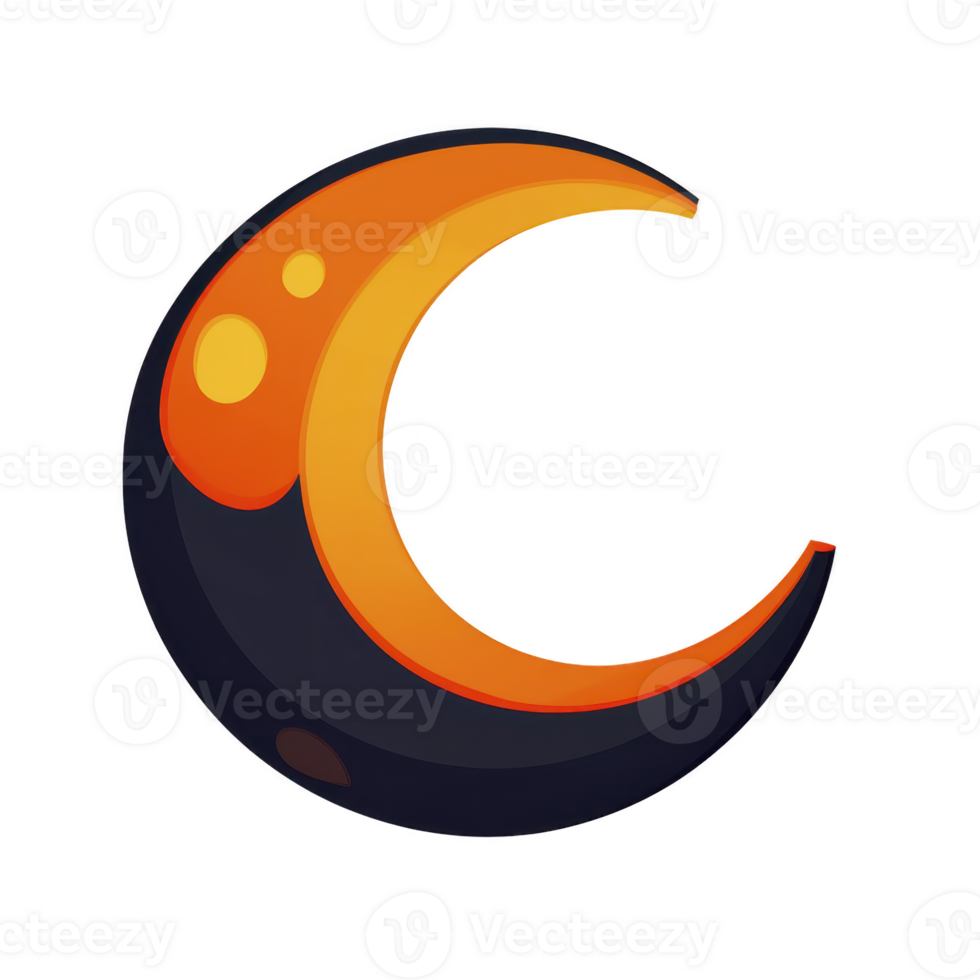 Vibrant orange crescent moon with circular accents on transparency background, symbolizing night and celestial themes. design is modern and abstract, evoking sense of mystery and wonder png