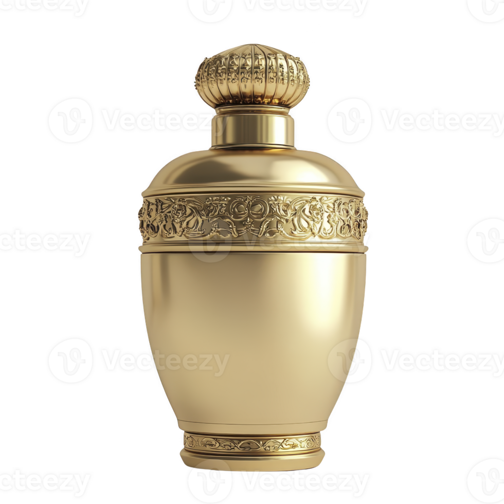 Luxurious gold perfume bottle with intricate floral engravings and ornate cap, exuding elegance and sophistication. design is classic and timeless, perfect for high end fragrance png