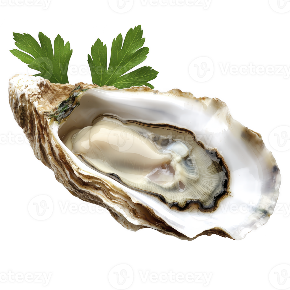 Open oyster shell with fresh oyster inside, garnished with green parsley leaves, isolated on transparency background png