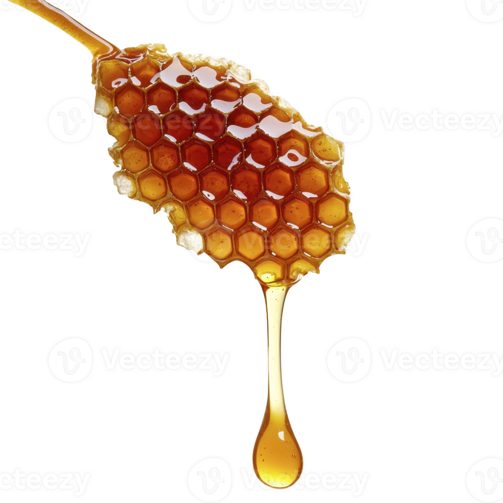 Close up of honeycomb dripping with golden honey, showcasing hexagonal pattern and rich texture. honey appears fresh and glossy, highlighting its natural sweetness png