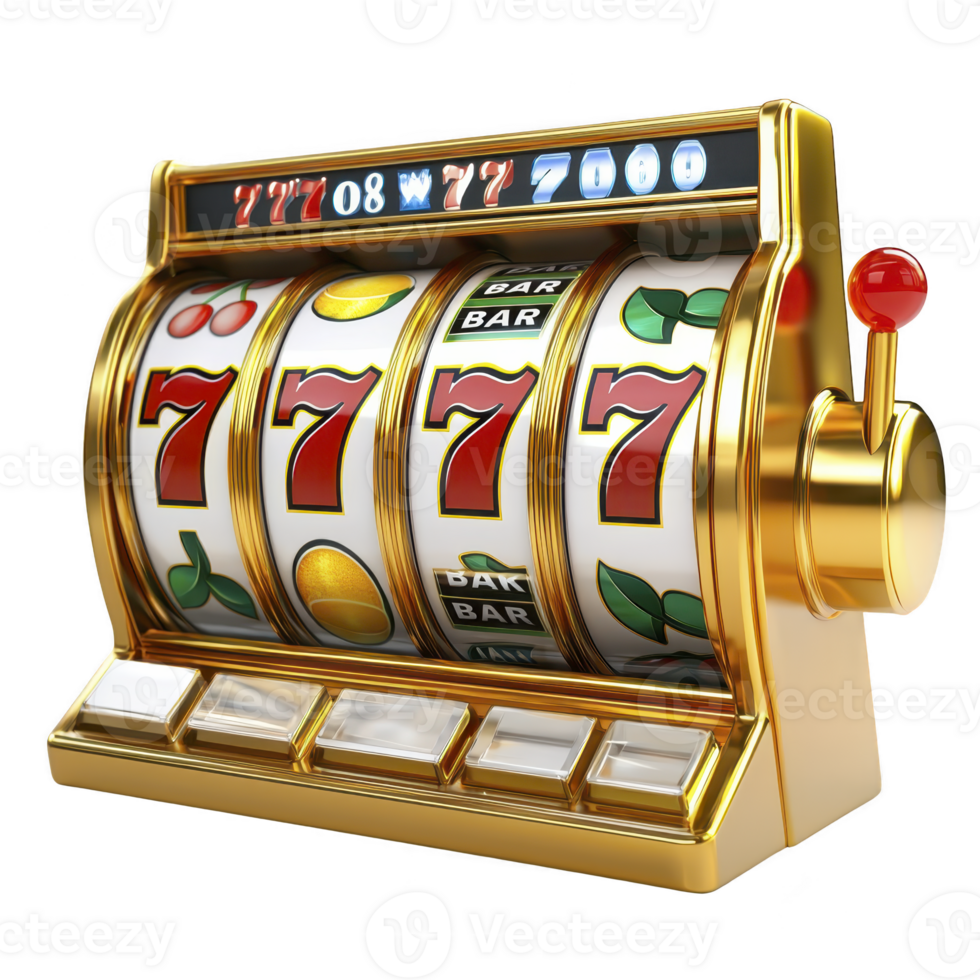 Golden slot machine with lever and spinning reels displays winning combination of sevens, cherries, and bars, evoking excitement and luck png