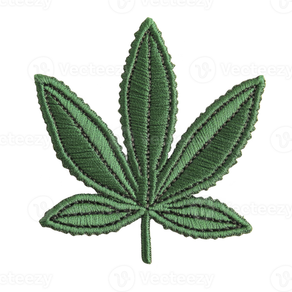 Green embroidered patch in shape of leaf, resembling cannabis leaf, is displayed on plain background. detailed stitching highlights leaf texture png