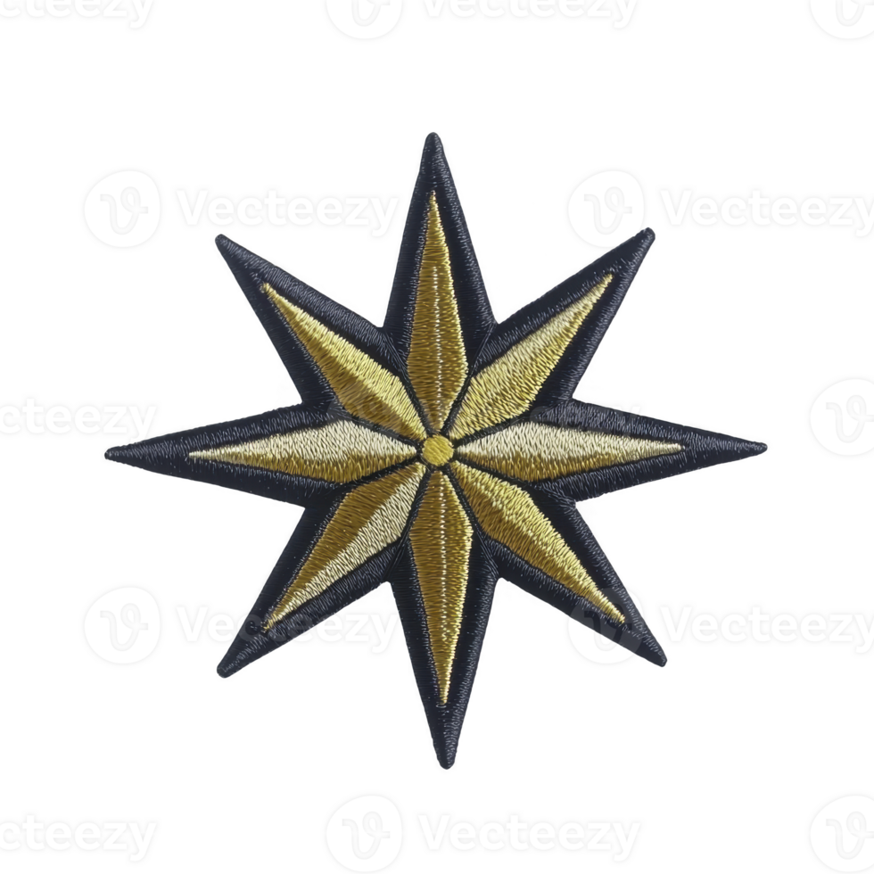 Gold and black embroidered star patch with eight points, featuring intricate stitching and symmetrical design. patch is isolated on transparency background, highlighting its detailed craftsmanship png