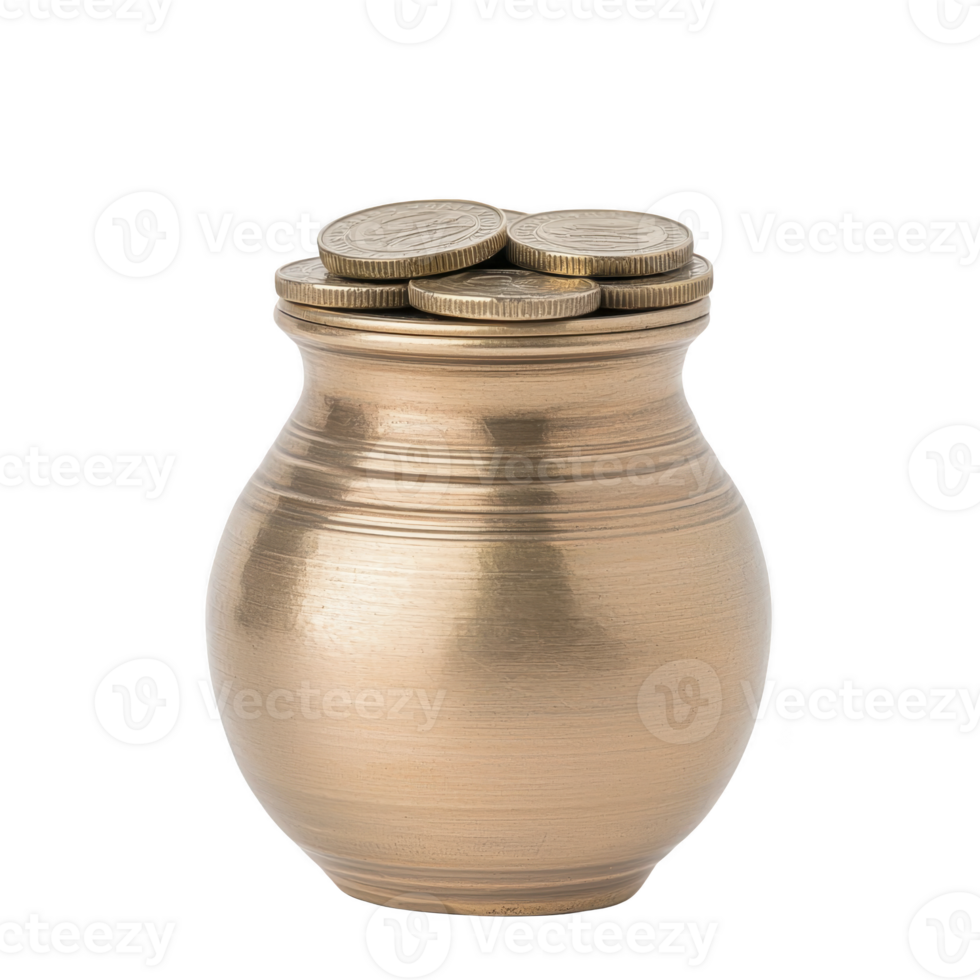 Small golden pot filled with stacked coins symbolizes wealth and prosperity. pot smooth, shiny surface reflects light, enhancing its luxurious appearance png