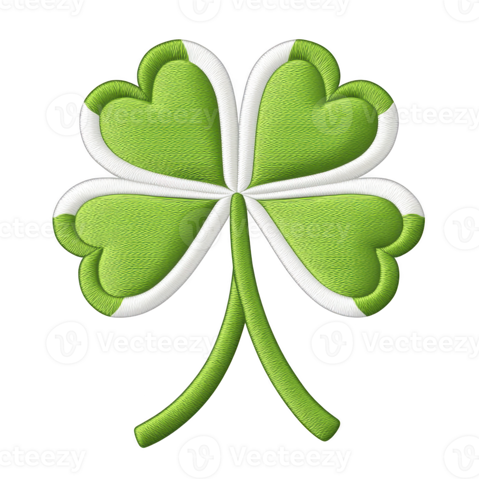 Vibrant green four leaf clover with white outline, symbolizing luck and prosperity. clover is designed with textured, embroidered appearance, set against transparent background png