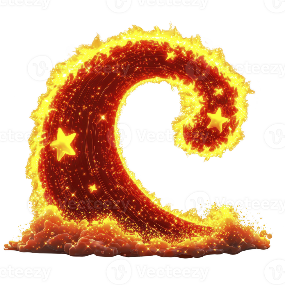 Fiery wave of glowing stars and sparkles creates dynamic and magical scene, with bright yellow and orange hues forming captivating swirl png