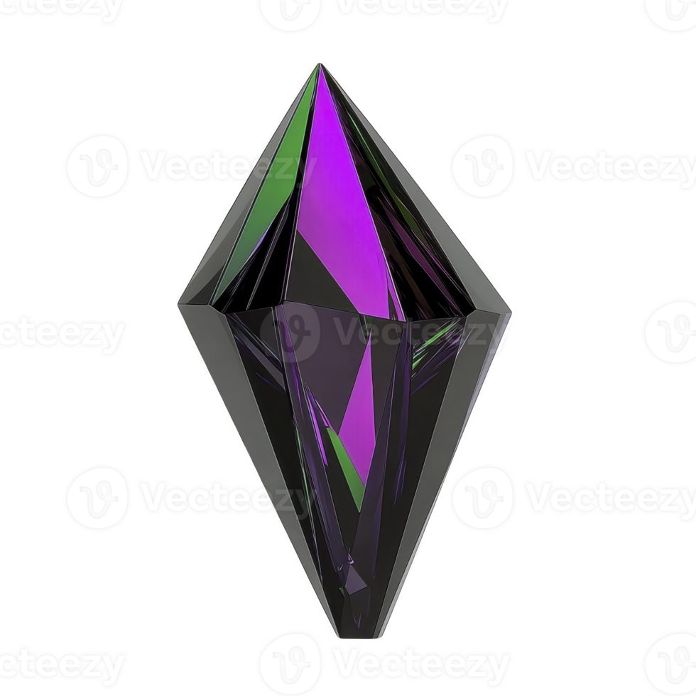 Vibrant, faceted crystal with striking purple and green hue, set against transparency background, exudes mystical and futuristic aura png