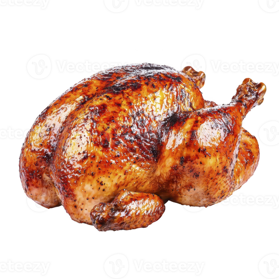 Perfectly roasted whole chicken with crispy golden skin, seasoned with herbs and spices, ready to serve for delicious meal png