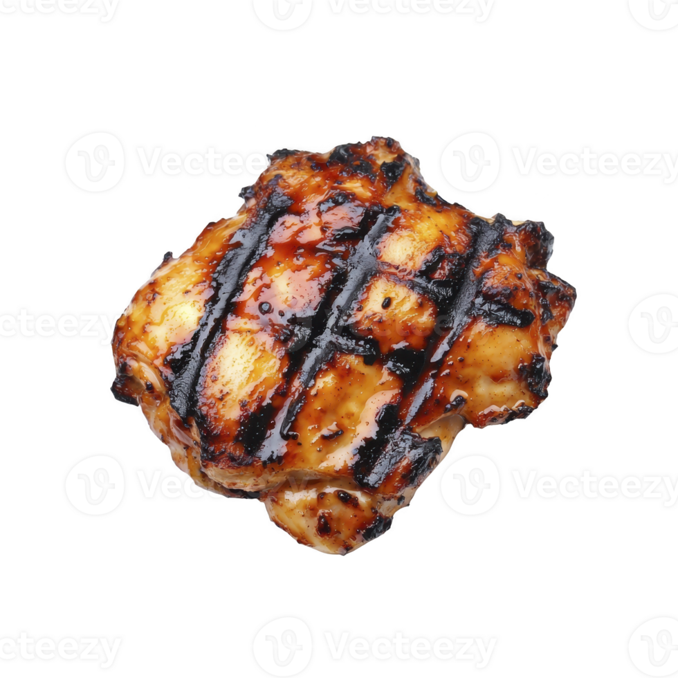 Grilled chicken thigh with glossy barbecue glaze, showcasing charred grill marks. juicy, tender meat is highlighted by rich, caramelized sauce, evoking savory and appetizing aroma png