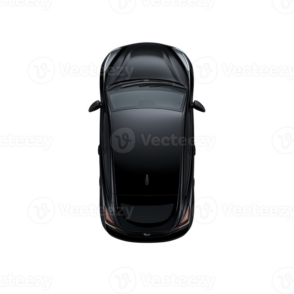 Sleek black car viewed from above, showcasing its aerodynamic design and glossy finish. image highlights car streamlined shape and modern aesthetic png