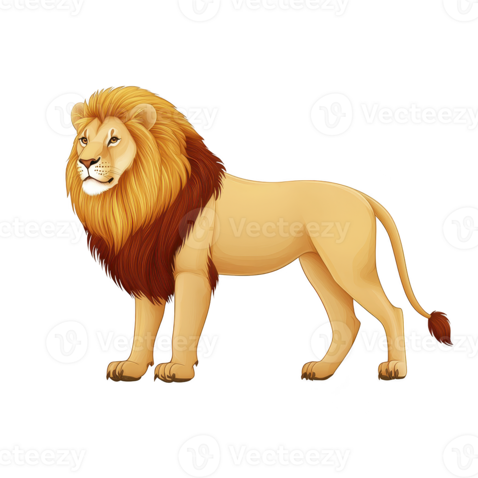 Majestic lion stands proudly with flowing mane, exuding strength and confidence. illustration captures regal nature of king of jungle in realistic style png