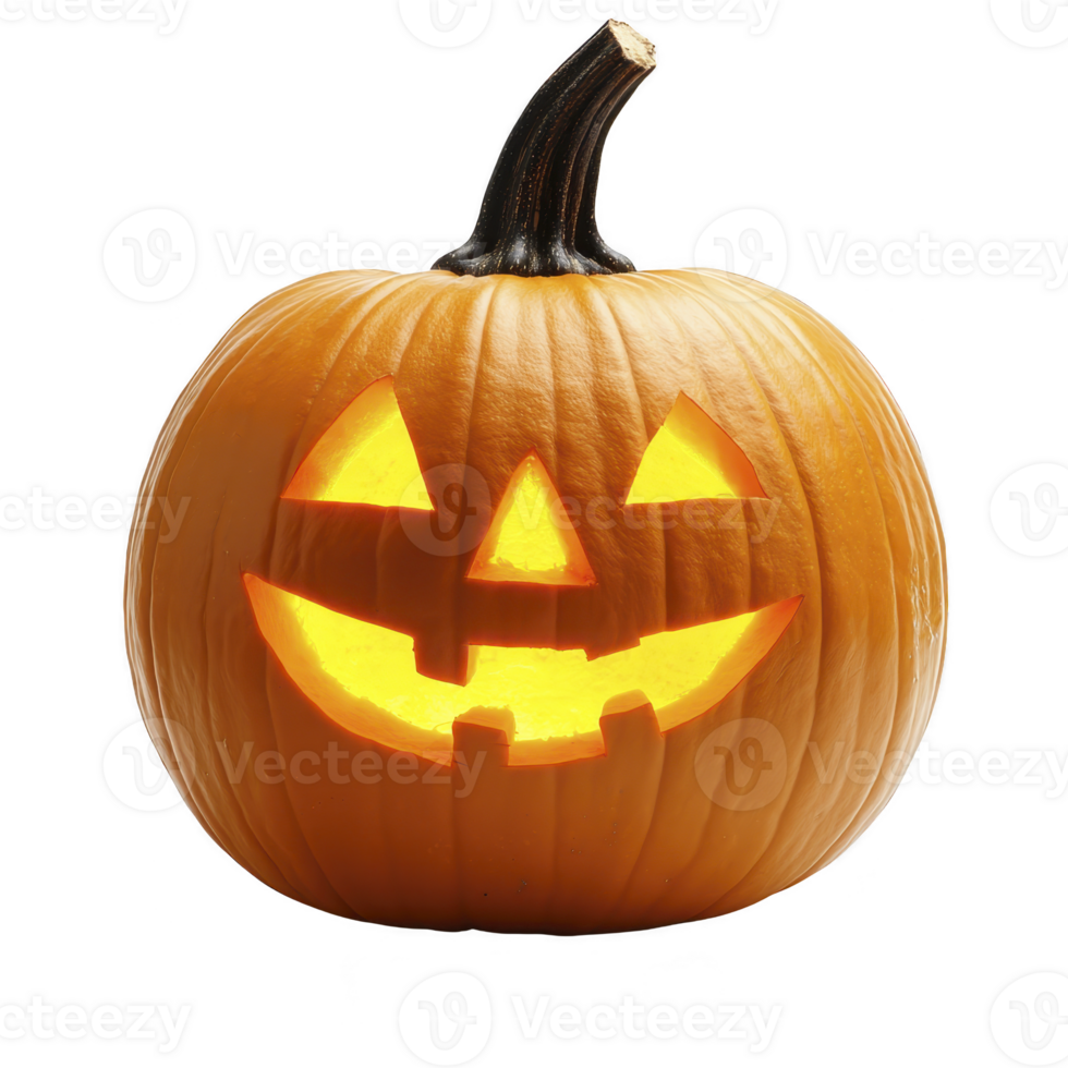 Glowing jack o lantern with carved smiling face, perfect for Halloween decoration. pumpkin bright orange color and illuminated interior create festive and spooky atmosphere png