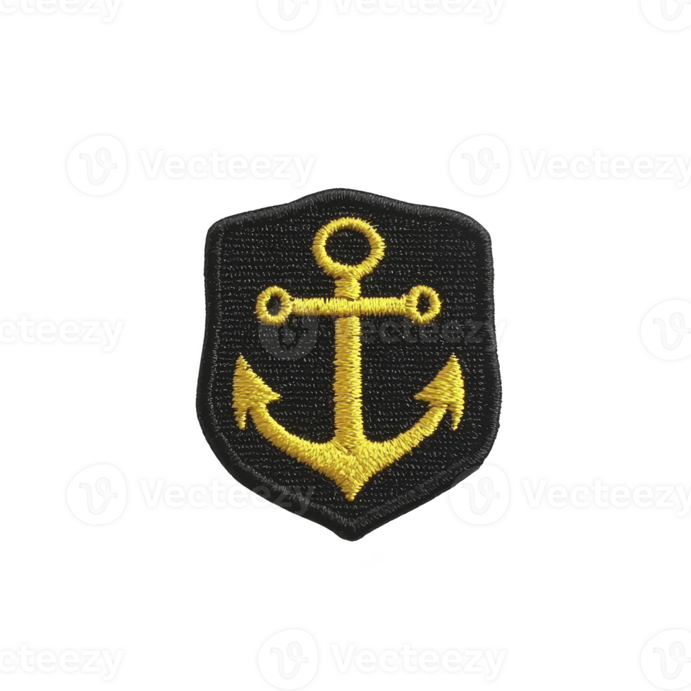 Black patch with yellow embroidered anchor design, symbolizing maritime themes. patch is shield shaped, often used for nautical or naval insignia, and conveys sense of strength and stability png