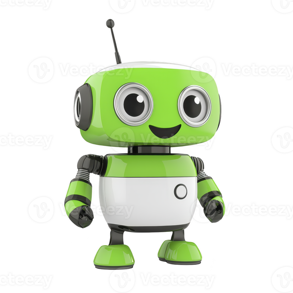 Cute green and white robot with large eyes and antenna stands cheerfully, showcasing friendly and futuristic design png