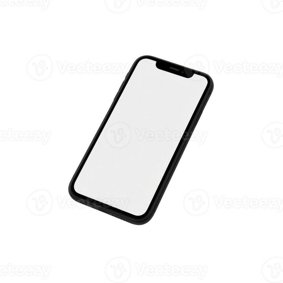Black smartphone with blank white screen is displayed at angle, isolated on transparency background. minimalistic design highlights device sleek and modern appearance png