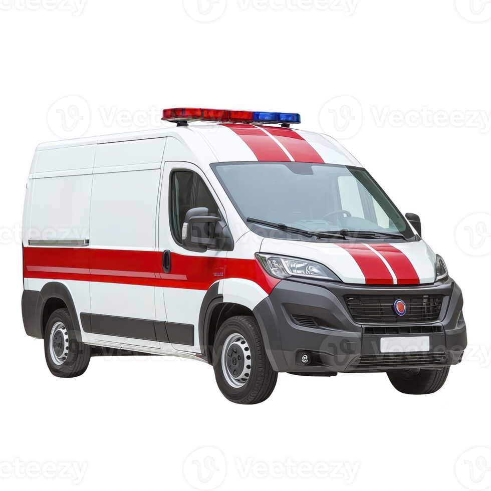 White ambulance van with red stripes and emergency lights on top is parked, ready for action. vehicle is designed for medical emergencies, featuring spacious interior for patient care png