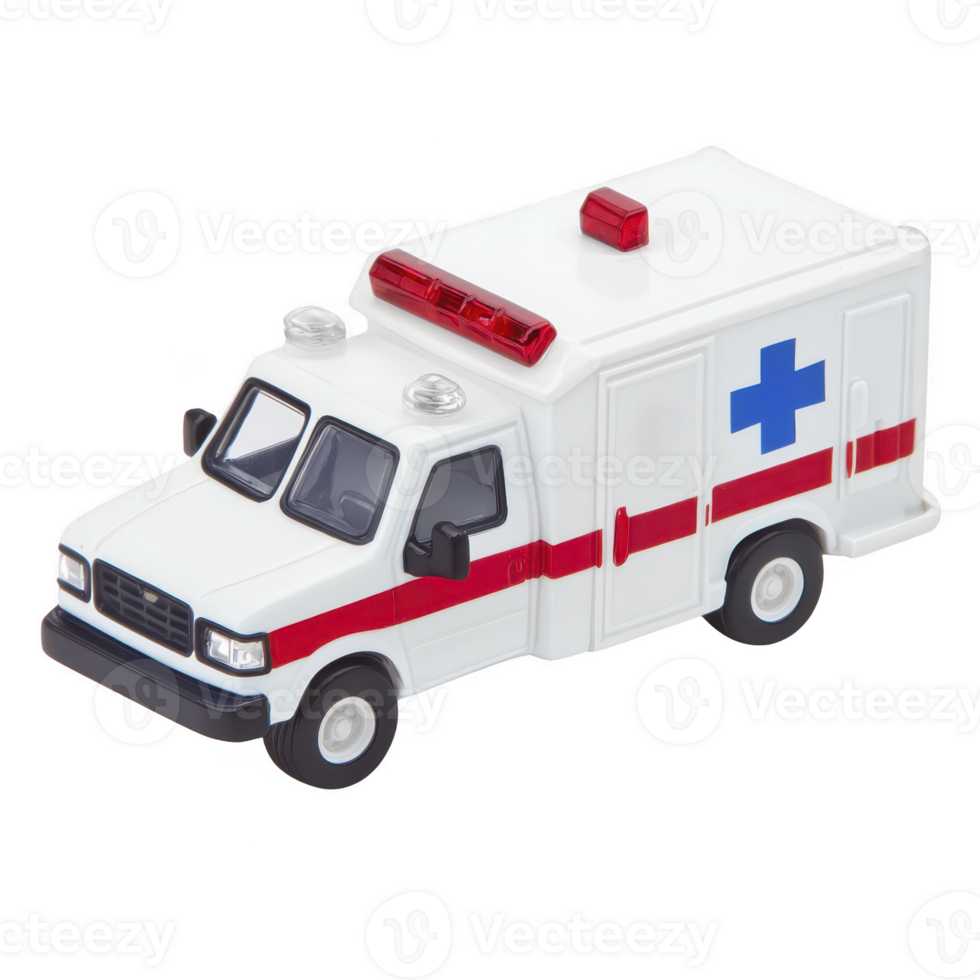 Toy ambulance with red stripe and blue cross is depicted, featuring white body and emergency lights on top. miniature vehicle is designed for play and educational purposes png