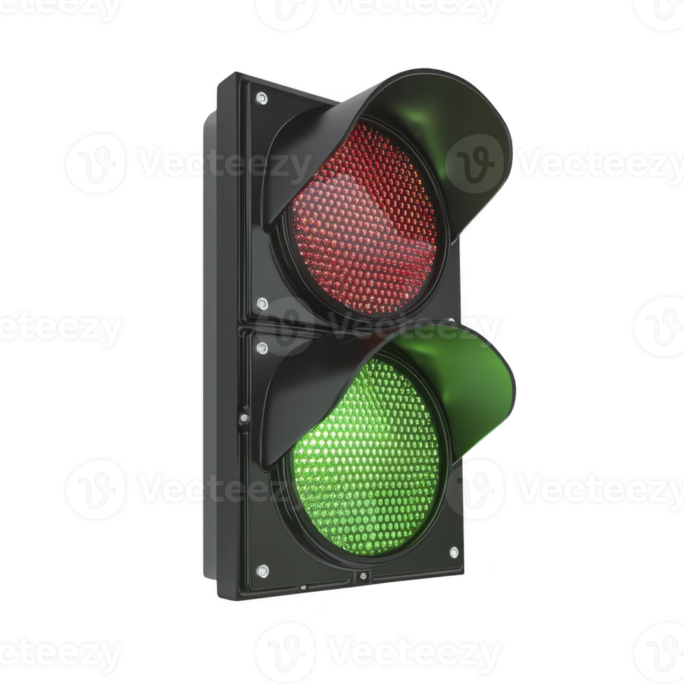 Traffic light with red and green signals is shown, indicating stop and go commands. device is essential for road safety and traffic management, ensuring orderly vehicle flow png