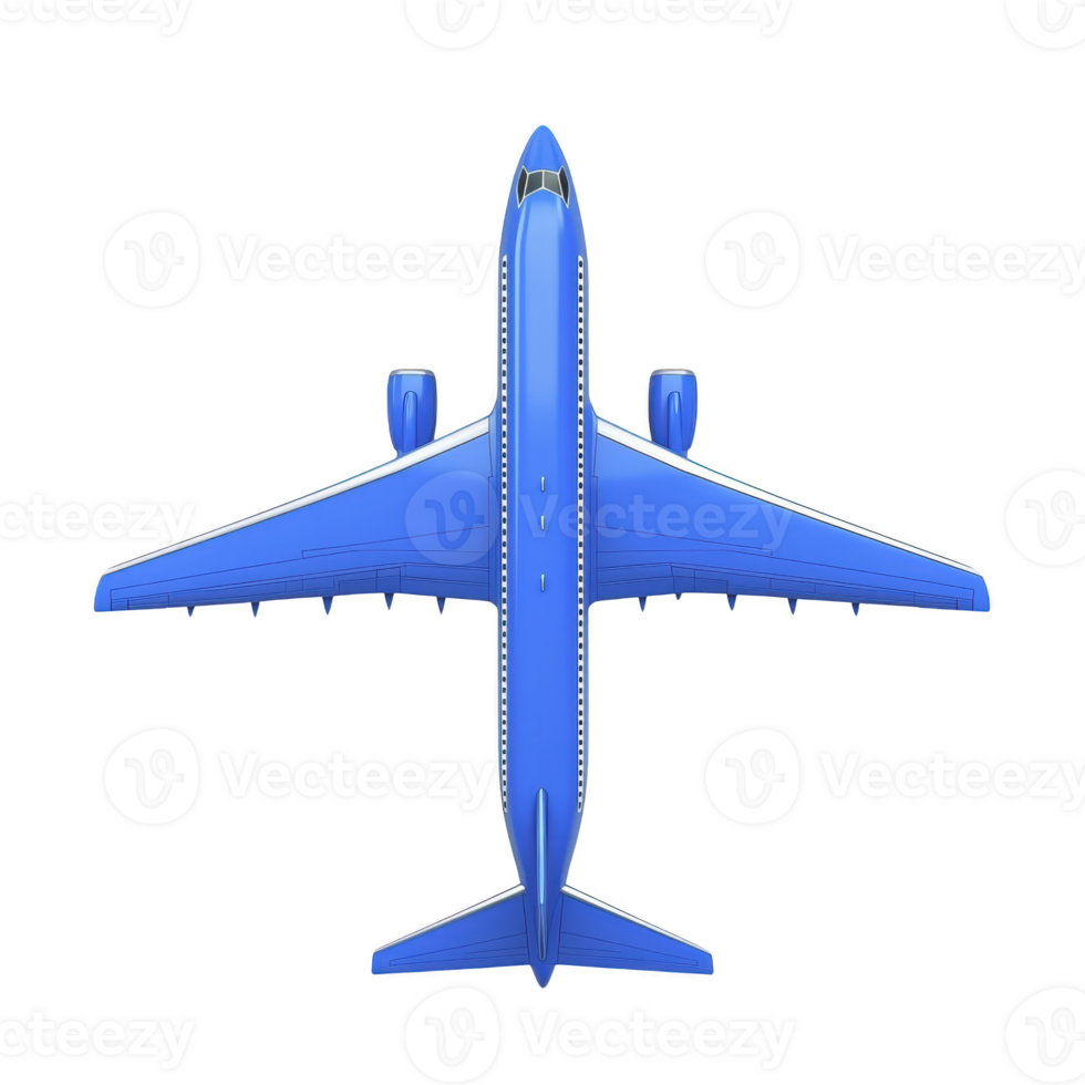 Blue airplane viewed from above, showcasing its wings and engines against transparency background. image highlights aircraft sleek design and aerodynamic structure png