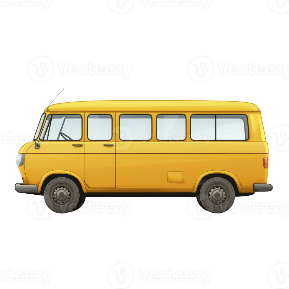 Bright yellow vintage van is depicted in side view, showcasing its classic design and retro charm. vehicle vibrant color and nostalgic style evoke sense of adventure and freedom png