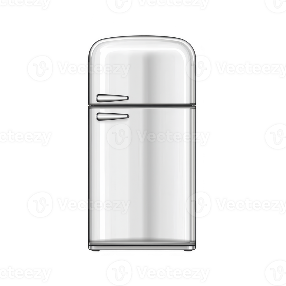 Sleek, retro style white refrigerator with top freezer and chrome handles, perfect for vintage kitchen aesthetic. appliance smooth finish and classic design evoke nostalgia png