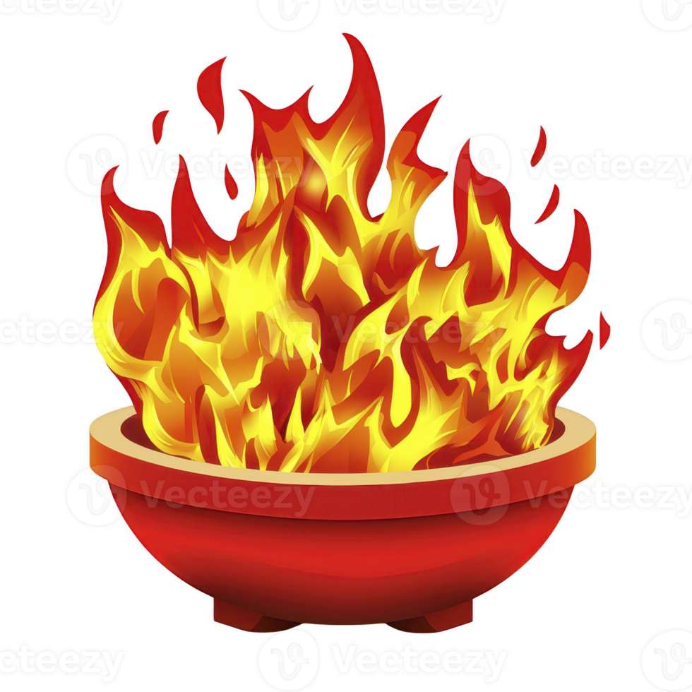 Vibrant illustration of red bowl filled with bright, dynamic flames, symbolizing warmth and energy. fiery display is set against transparent background, enhancing its vividness png