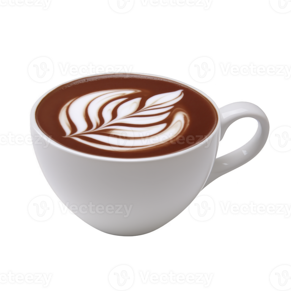 White ceramic cup filled with hot chocolate features intricate latte art on its surface, creating visually appealing design. rich, creamy texture of drink is inviting png