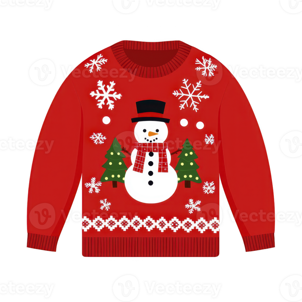 Festive red sweater featuring cheerful snowman with top hat and scarf, surrounded by snowflakes and Christmas trees, perfect for holiday celebrations png