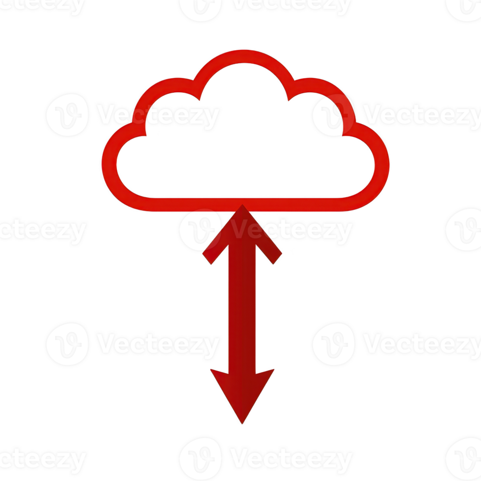 Cloud computing icon with red cloud and arrows symbolizing upload and download, representing data transfer and storage in digital technology png