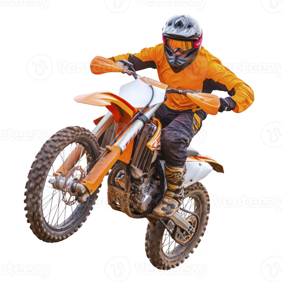 Motocross rider in orange outfit performs jump on dirt bike, showcasing skill and excitement. rider wears protective gear, including helmet and goggles, emphasizing safety in sport png