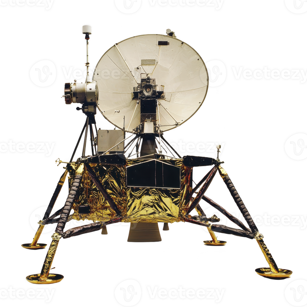 This shows lunar lander with large dish antenna, gold foil insulation, and multiple legs designed for landing on moon. structure is complex and engineered for space exploration png