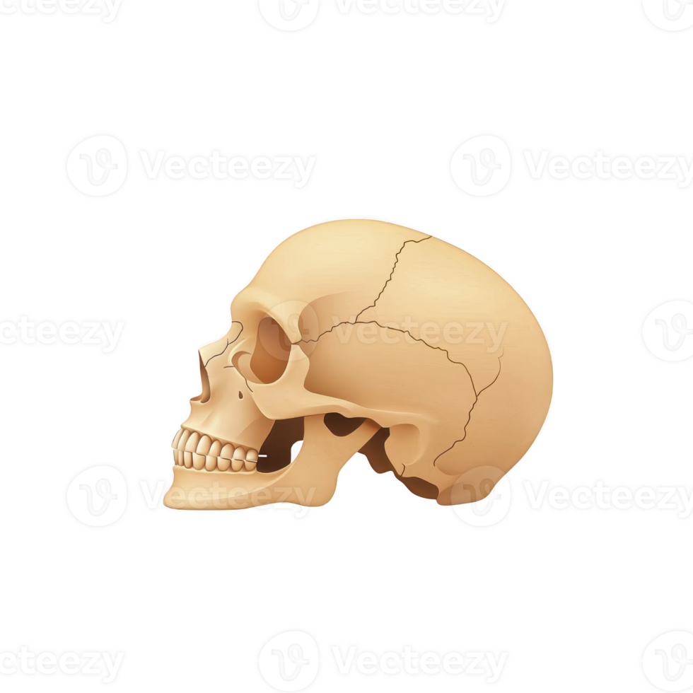 Detailed illustration of human skull profile view, showcasing bone structure and anatomical features. image highlights skull natural color and texture, providing educational and scientific png