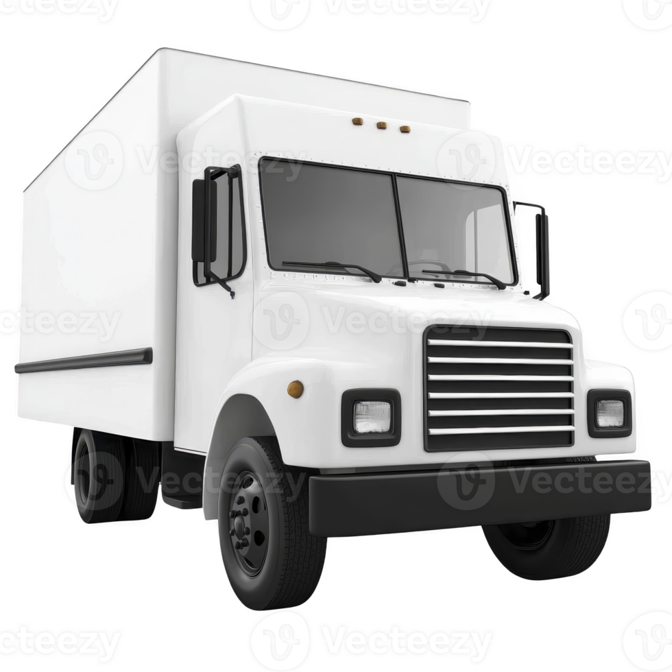 White delivery truck with boxy design is shown, featuring large cargo area and sturdy build. vehicle is designed for transporting goods efficiently png