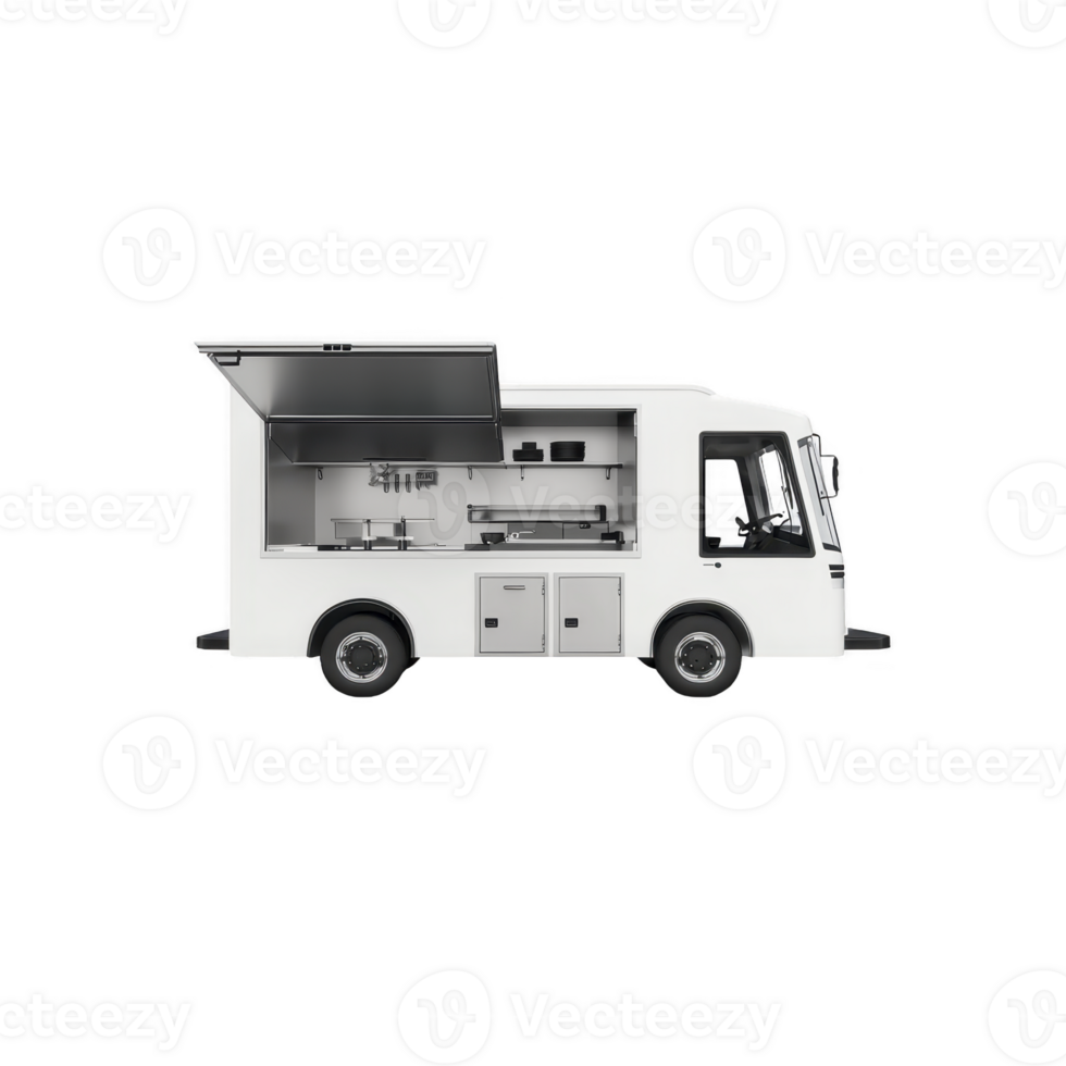 White food truck with open serving window, showcasing modern and sleek design. truck is equipped with kitchen appliances and storage, ready for street food service png