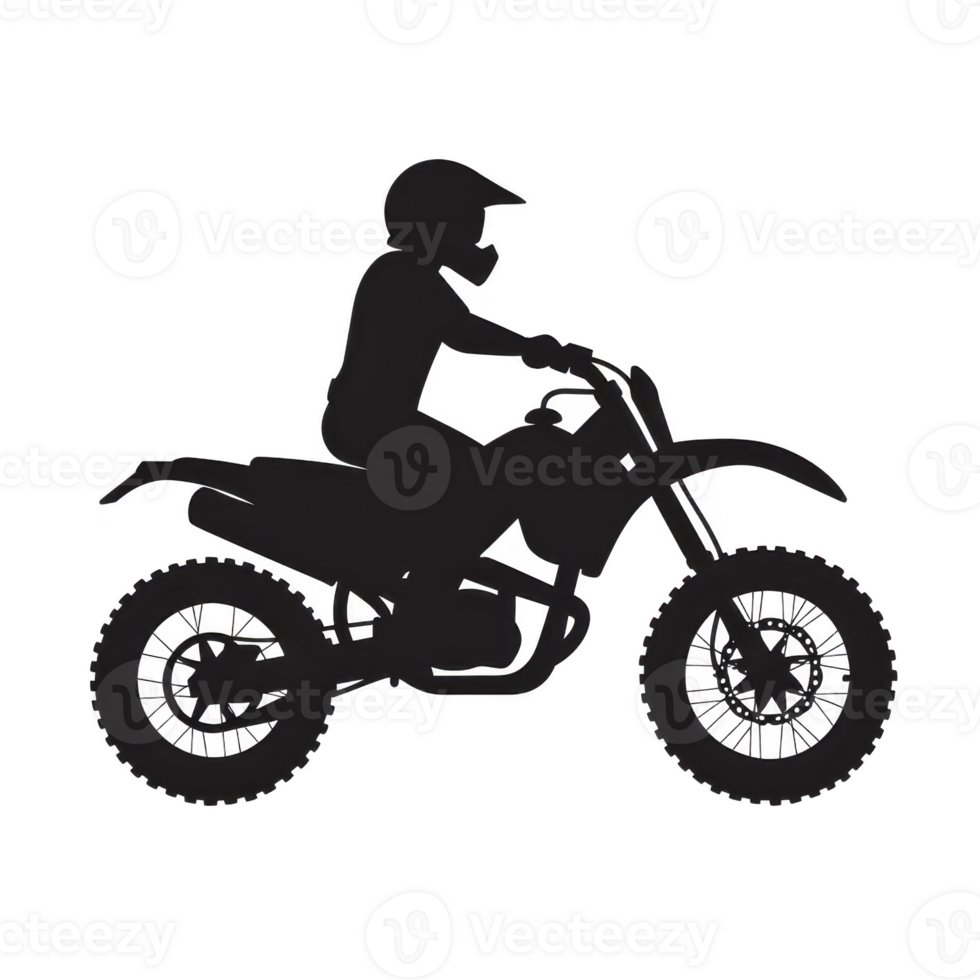Silhouette of person riding dirt bike, showcasing dynamic posture and rugged design of motorcycle. image captures essence of adventure and thrill png