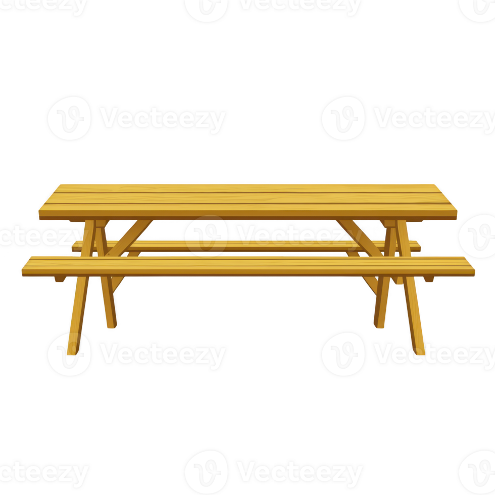 Yellow wooden picnic table with attached benches, designed for outdoor use, stands on transparent background. table is simple and functional, ideal for parks or gardens png