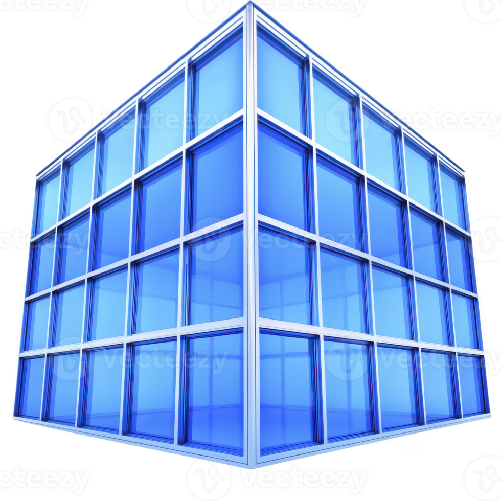 Modern, blue glass cube structure with reflective surfaces and geometric design, showcasing contemporary architecture and sleek lines. cube appears futuristic and innovative png