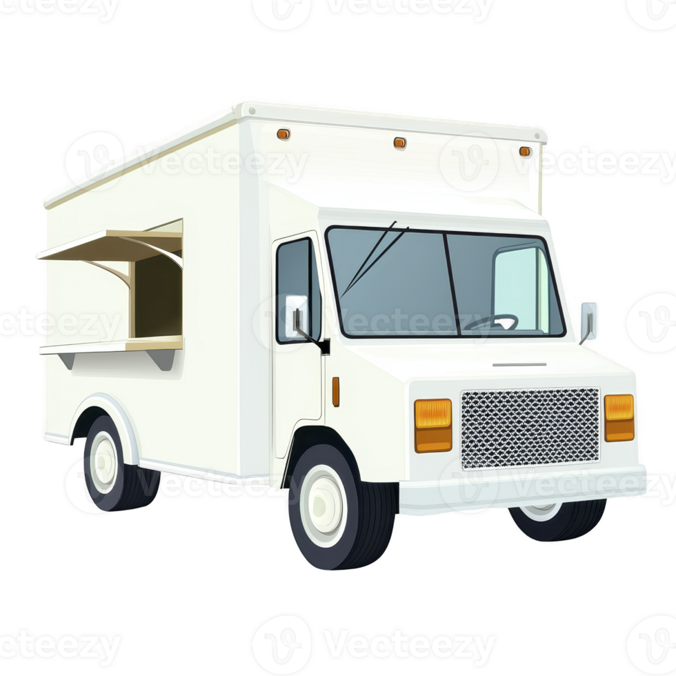 White food truck with open serving window, ready for business. vehicle is designed for mobile food service, featuring compact and functional layout png