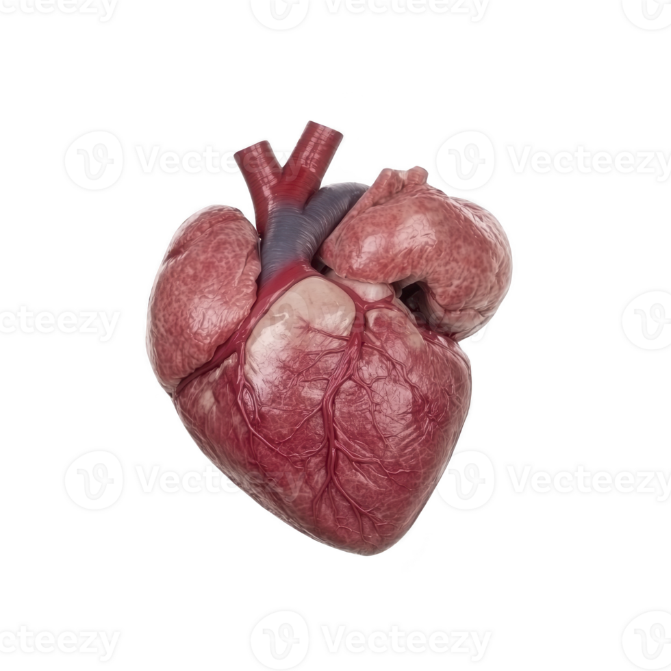 Realistic depiction of human heart, showcasing detailed anatomy with visible arteries and veins. image highlights heart complex structure and vital role in circulatory system png