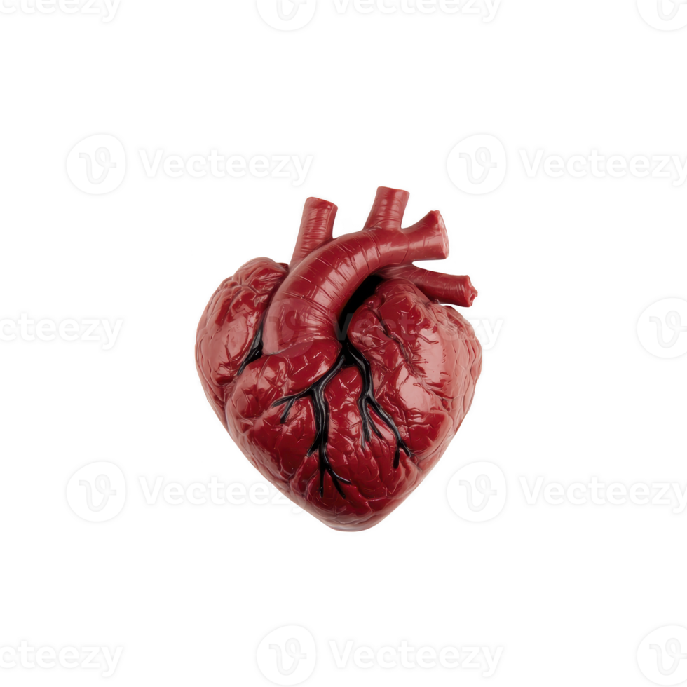 Realistic 3D model of human heart is depicted, showcasing detailed anatomy with visible arteries and veins. heart is isolated on transparency background, emphasizing its intricate structure png