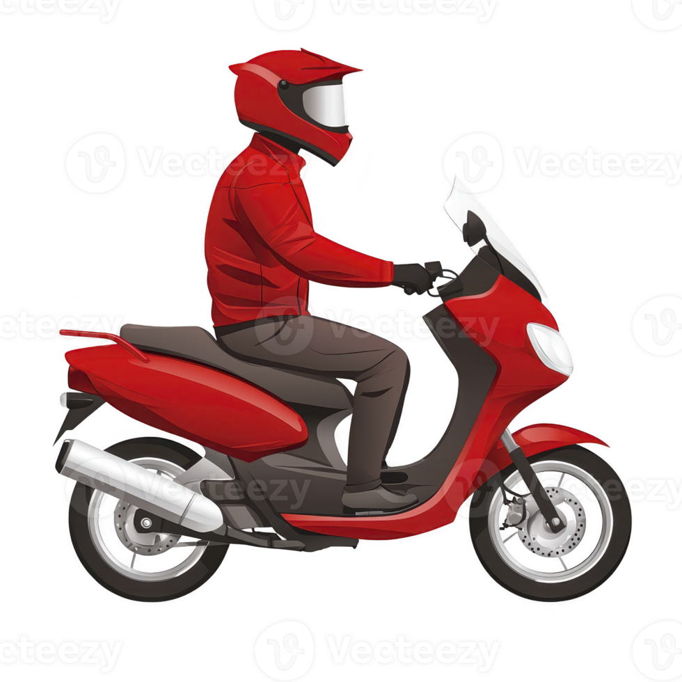 Person wearing red helmet and jacket rides red scooter, showcasing safety gear and modern transportation. scooter features sleek design with visible wheels and exhaust png