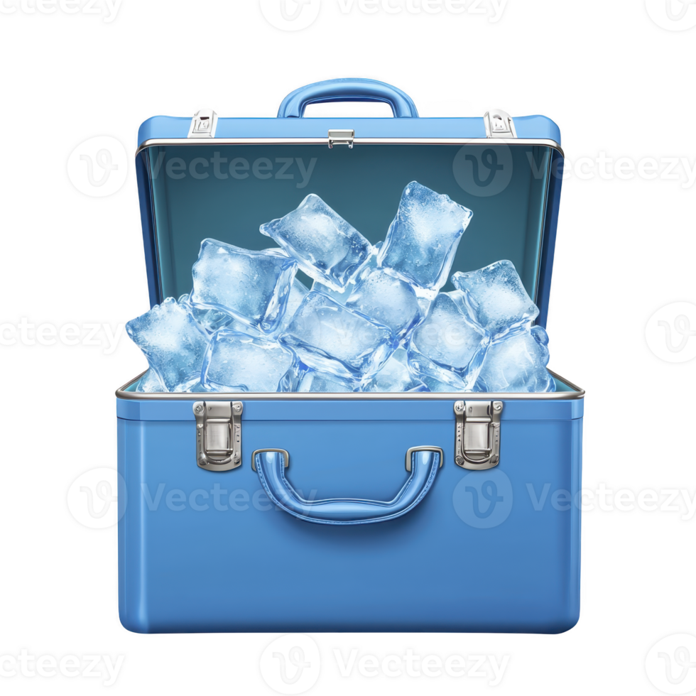 Blue cooler box filled with ice cubes, showcasing refreshing and chilled appearance. metallic latches and handle add sturdy touch, perfect for outdoor activities png
