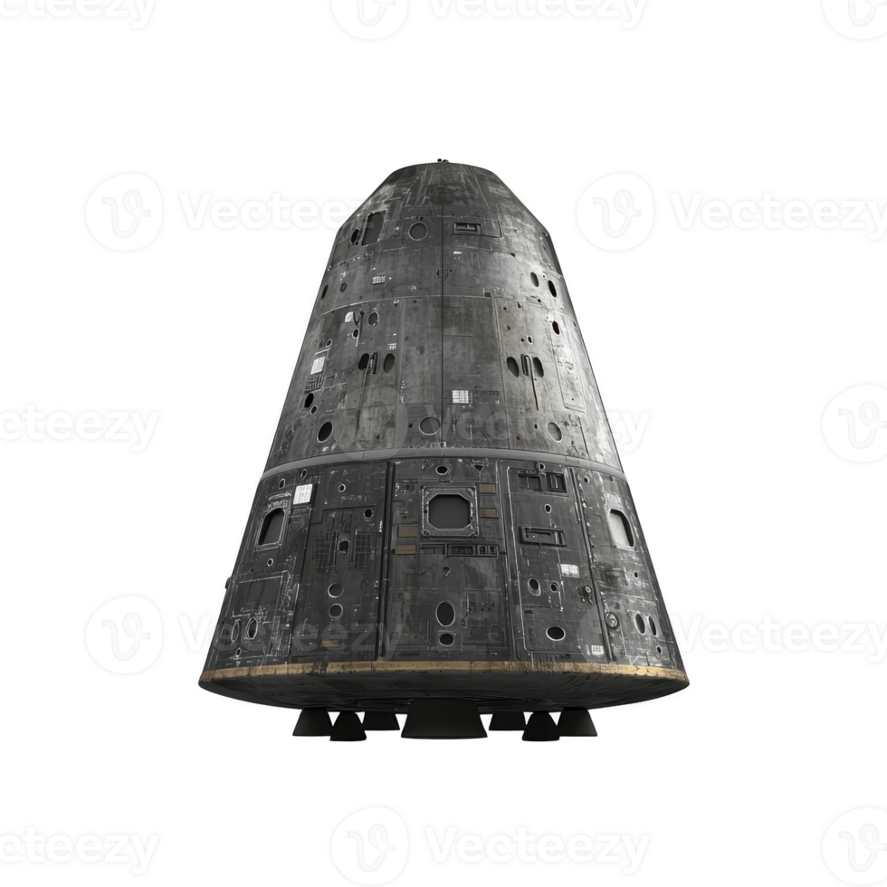 Futuristic space capsule with metallic exterior, featuring numerous panels and hatches, designed for space exploration. capsule sleek design suggests advanced technology and durability png