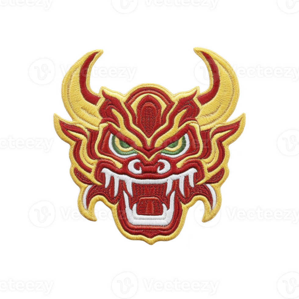 Embroidered patch features fierce dragon face with red and yellow details, showcasing intricate stitching and bold colors. design is striking and expressive, perfect for adding unique touch to png