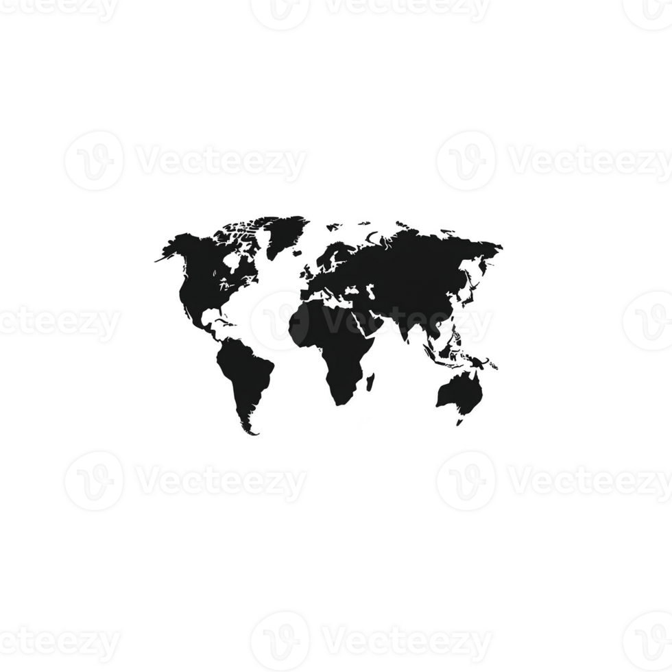 Simple black silhouette of world map on transparent background, showing continents in minimalist style. Ideal for educational or design purposes png