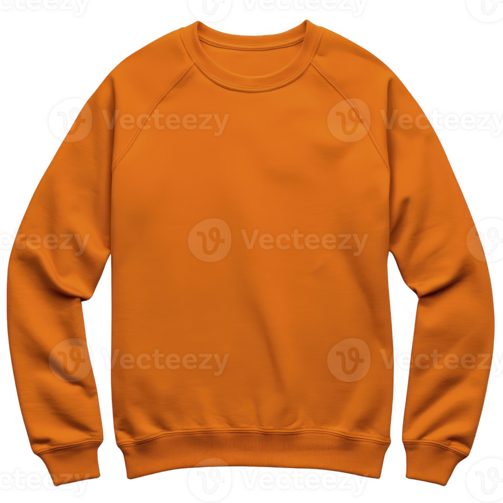Orange sweatshirt with long sleeves and ribbed cuffs, featuring simple and casual design. vibrant color adds pop of brightness, making it suitable for everyday wear png